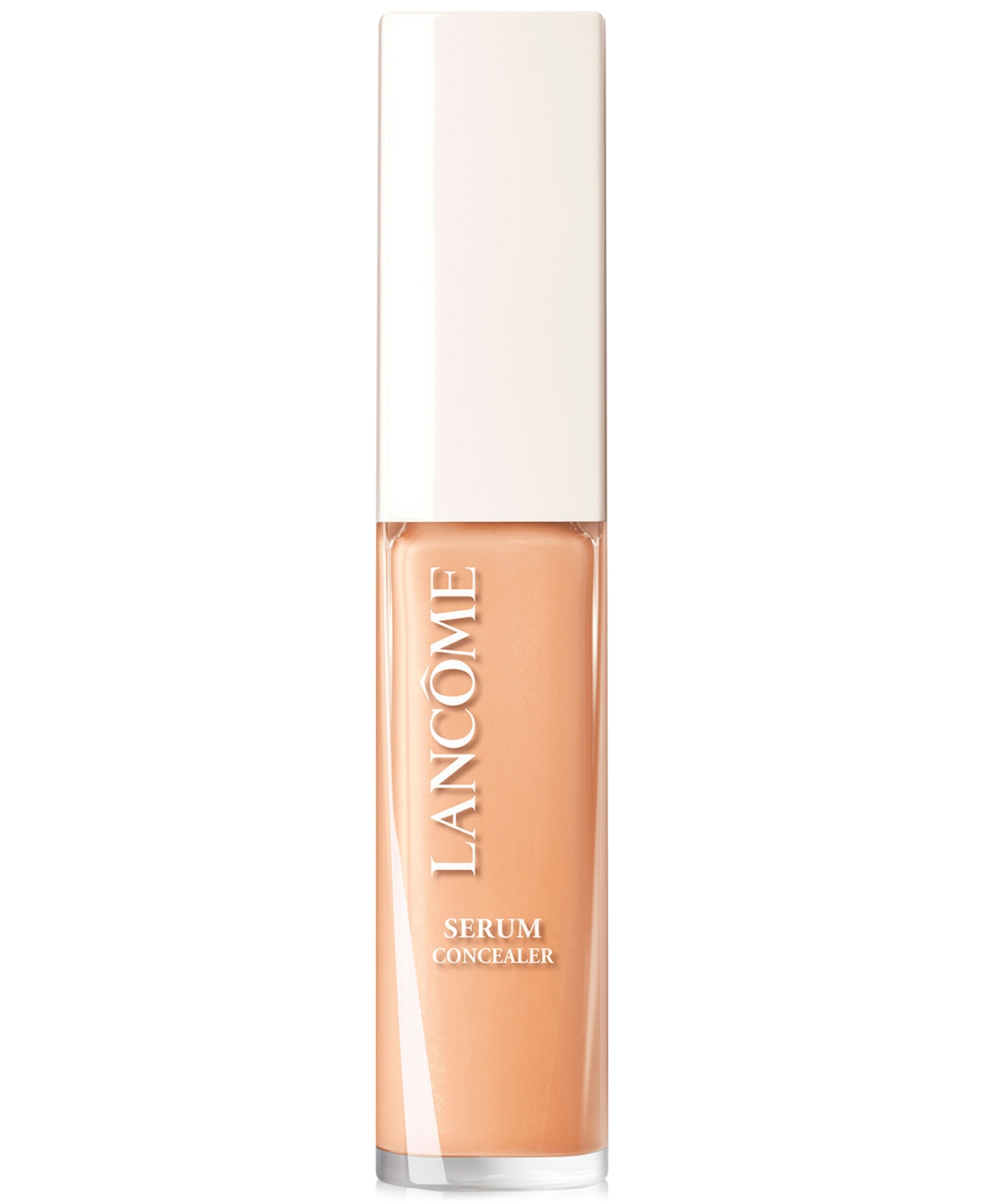 Lancôme Teint Idole Care & Glow Serum Concealer in Beige, featuring a sleek, transparent tube with a white cap and the brand name prominently displayed.