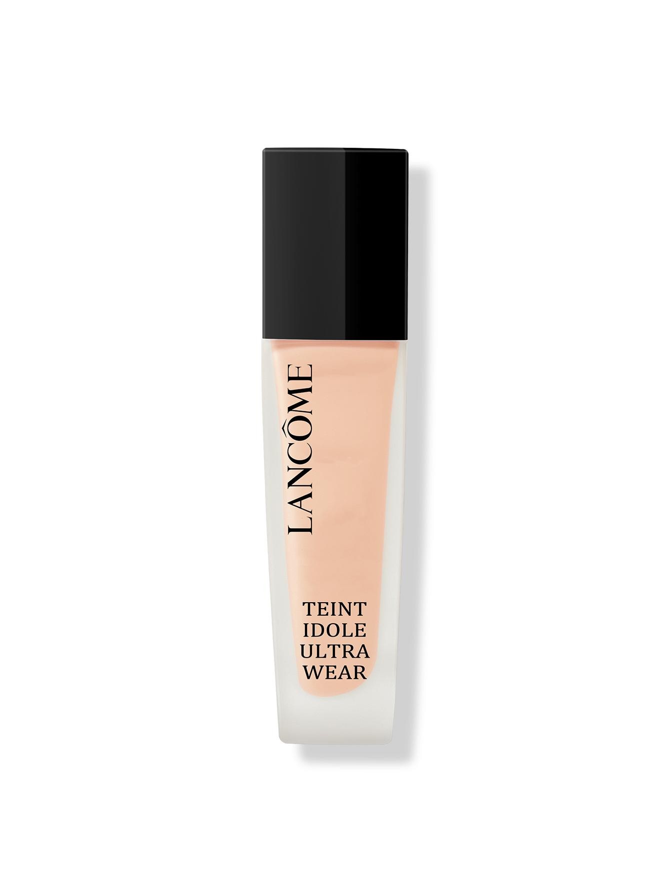 Lancôme Teint Idole Ultra Wear foundation in a sleek, transparent bottle with a black cap, labeled with "Lancôme" and "Teint Idole Ultra Wear" in bold lettering, shade PO 01.