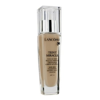 Lancôme Teint Miracle Foundation in a clear glass bottle, featuring a silver pump and cap, contains 30ml of lightweight, beige porcelain shade with SPF 15.