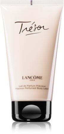 White tube of Lancôme Trésor body lotion, featuring elegant black script on the front, with a black cap and a sleek design, holding 50ml of perfumed lotion.