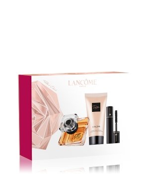 Gift set featuring a 30ml EDP bottle with a diamond-shaped design, a 50ml body lotion tube, and a 2ml mascara, all presented in a pink and white box with Lancôme branding.