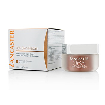 Lancaster 365 Youth Memory Night Cream in a frosted glass jar with a white lid, accompanied by a white box featuring the brand name and product details in orange and black text.