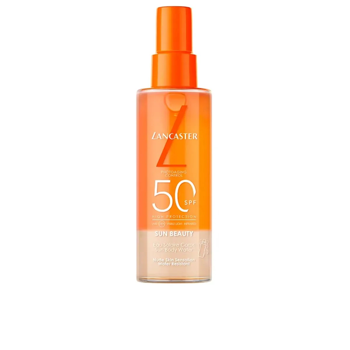 Lancaster Sun Beauty Protective Water SPF 50 in a transparent bottle with an orange gradient, featuring a spray nozzle and bold white text on the front.