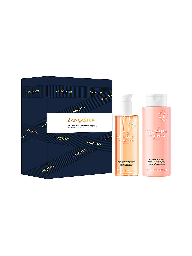 Lancaster My Confirmting Cleansing Routine Set features a 400ml express cleanser in a clear bottle and a 400ml toner in a pink bottle, both packaged in a navy blue box with gold accents.