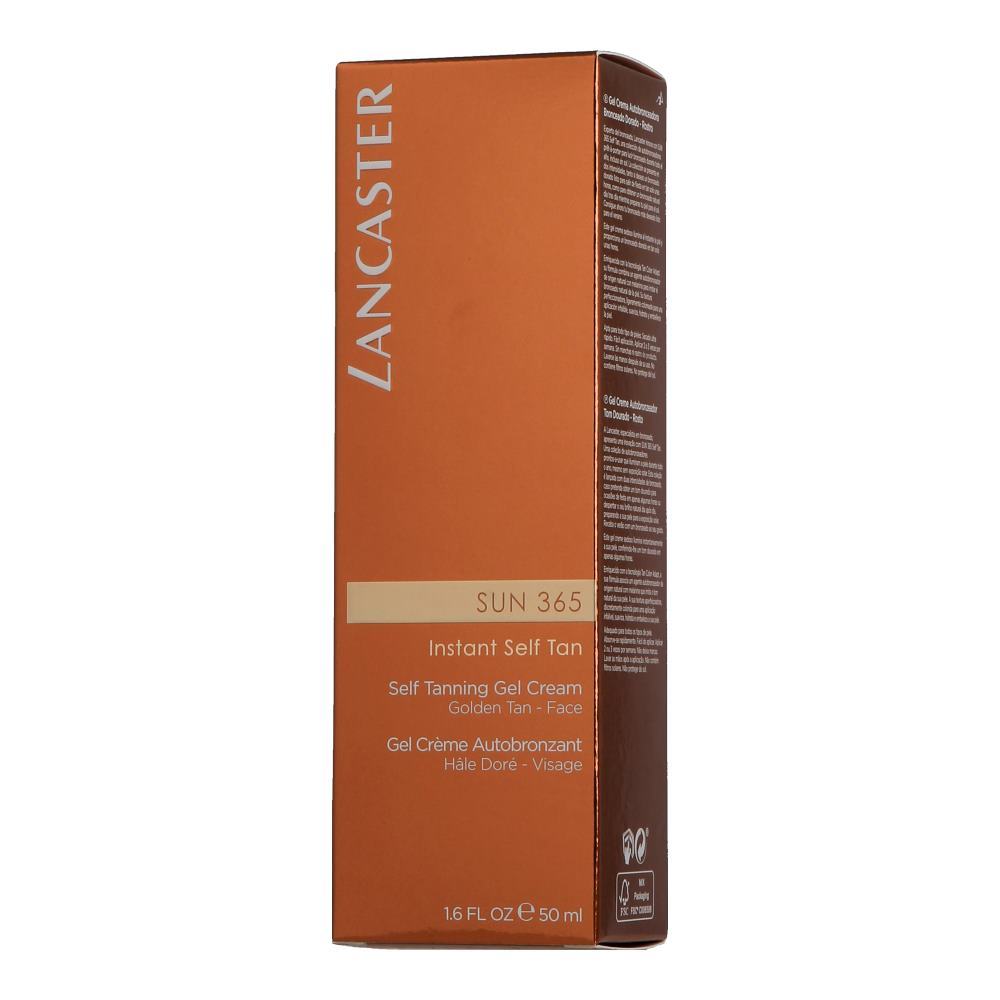 Lancaster Sun 365 Instant Self Tan Gel Cream in a sleek brown box, featuring gold lettering, designed for a golden tan on the face, 50ml size for women.