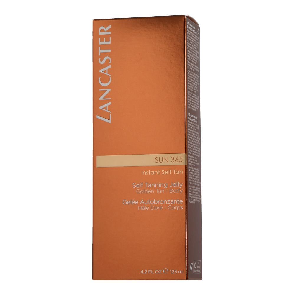 Bronze and orange packaging for Lancaster Sun 365 Self Tanning Jelly, 125ml, featuring the brand name prominently and details about the product's use for achieving a golden tan.