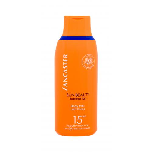 Bright orange bottle of Lancaster Sun Beauty Sublime Tan Body Milk, 175ml, featuring SPF 15, with a blue cap and white text highlighting medium protection.
