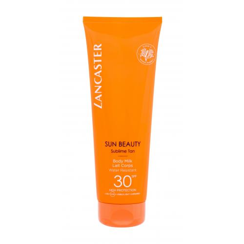 Bright orange tube of Lancaster Sun Beauty Body Milk SPF30, featuring a flip-top cap, with white text and a logo, indicating high sun protection and water resistance.