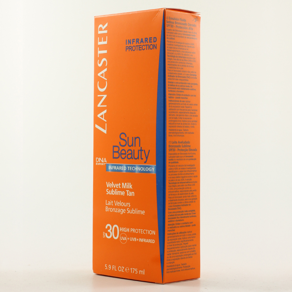 Bright orange box with blue accents, featuring "Lancaster Sun Beauty SPF 30 Velvet Milk" text, highlighting high protection and infrared technology, 175ml size noted on the front.
