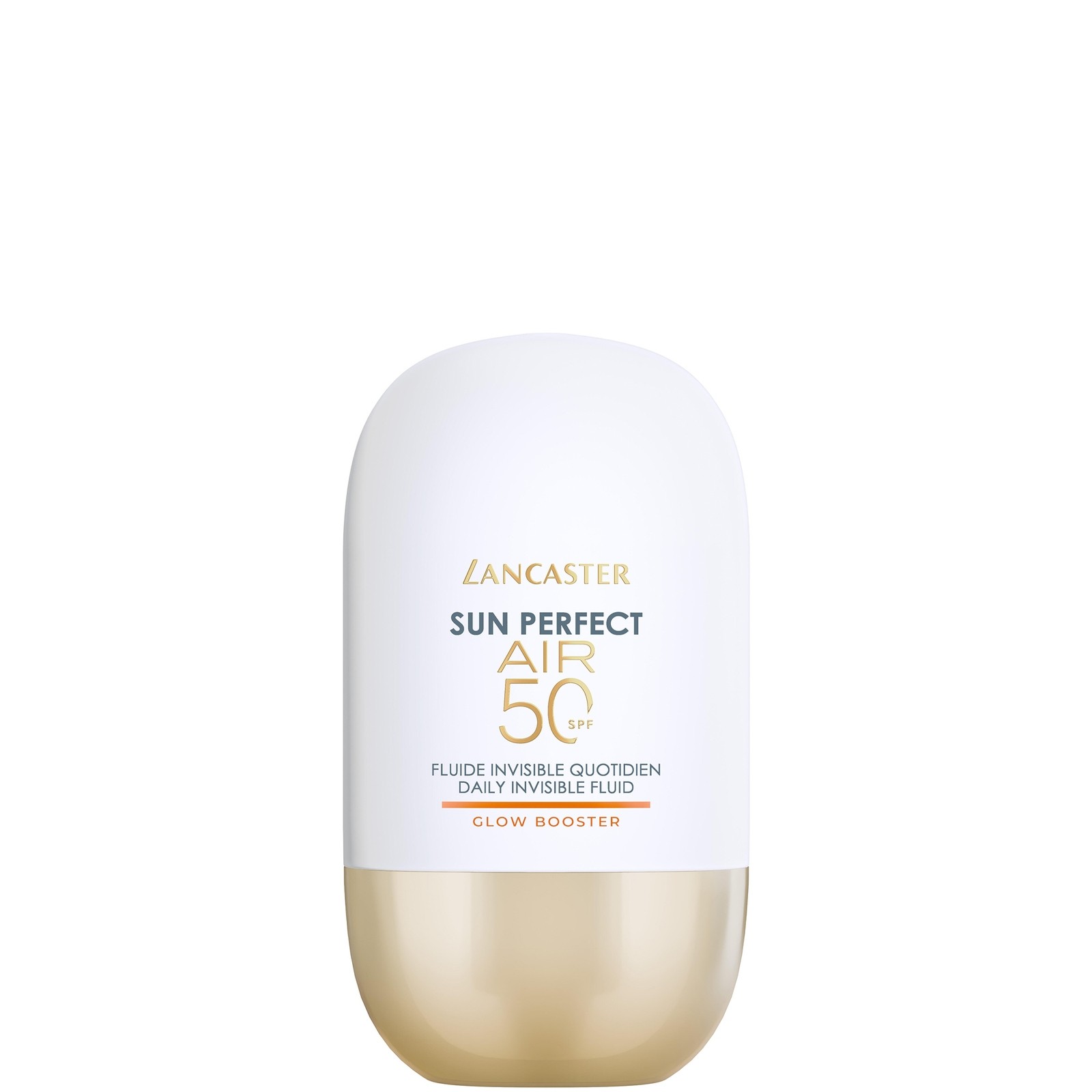 White cylindrical bottle with a gold base, labeled "Lancaster Sun Perfect Air Daily Invisible Fluid SPF50 Glow Booster," featuring a sleek, modern design.
