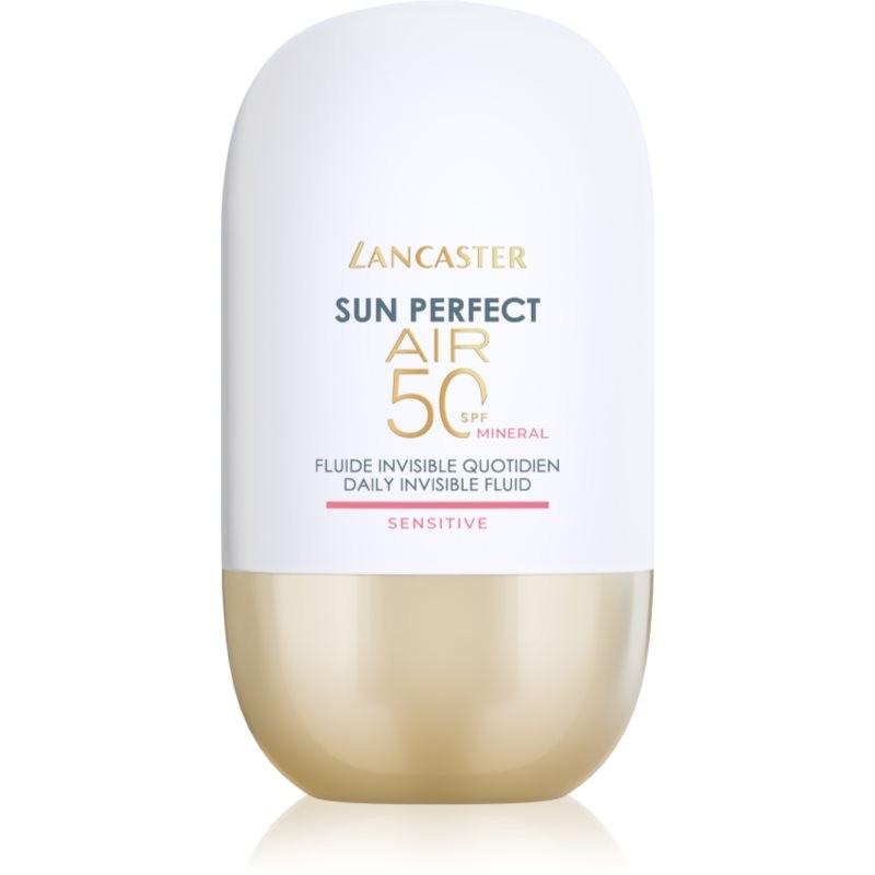Lancaster Sun Perfect Air Daily Invisible Fluid SPF 50 in a sleek white and gold bottle, featuring a minimalist design with the product name prominently displayed.