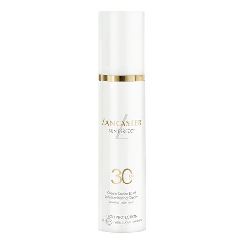 Lancaster Sun Perfect Illuminating Cream SPF 30 in a sleek white bottle with gold accents, featuring a pump dispenser and labeled for dark spot treatment, 50ml size.