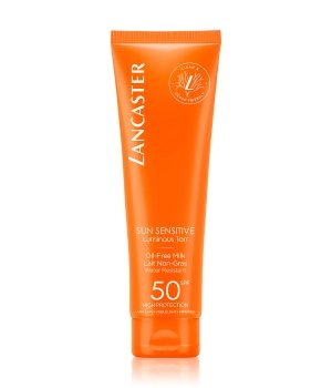 Orange tube of Lancaster Sun Sensitive SPF50 Oil-Free Milk, featuring a sleek design, with prominent white text and a logo, indicating sun protection and lightweight formula.