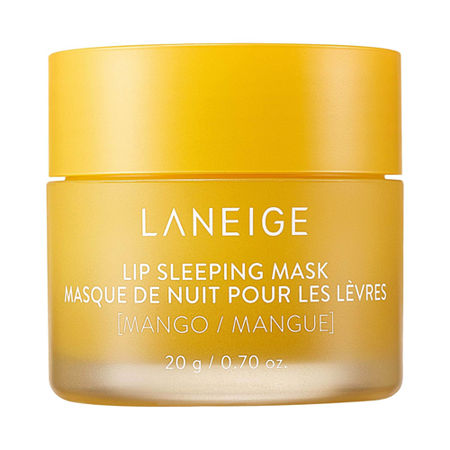 Yellow jar with a glossy finish, labeled "LANEIGE Lip Sleeping Mask - Mango," containing 20g of product, featuring a simple white font and a sleek, modern design.