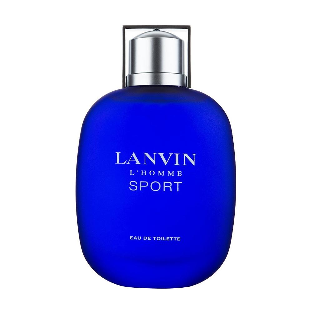 A blue glass bottle with a sleek, rounded shape, featuring a silver cap and the text "LANVIN L'HOMME SPORT" prominently displayed on the front.