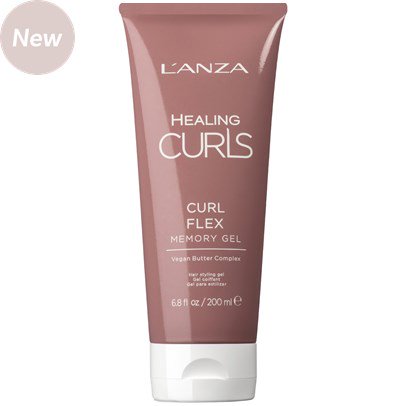 L'anza Healing Curls Curl Flex Memory Gel in a 200 ml pink tube, featuring a sleek design with white text and a "New" label in the top left corner.