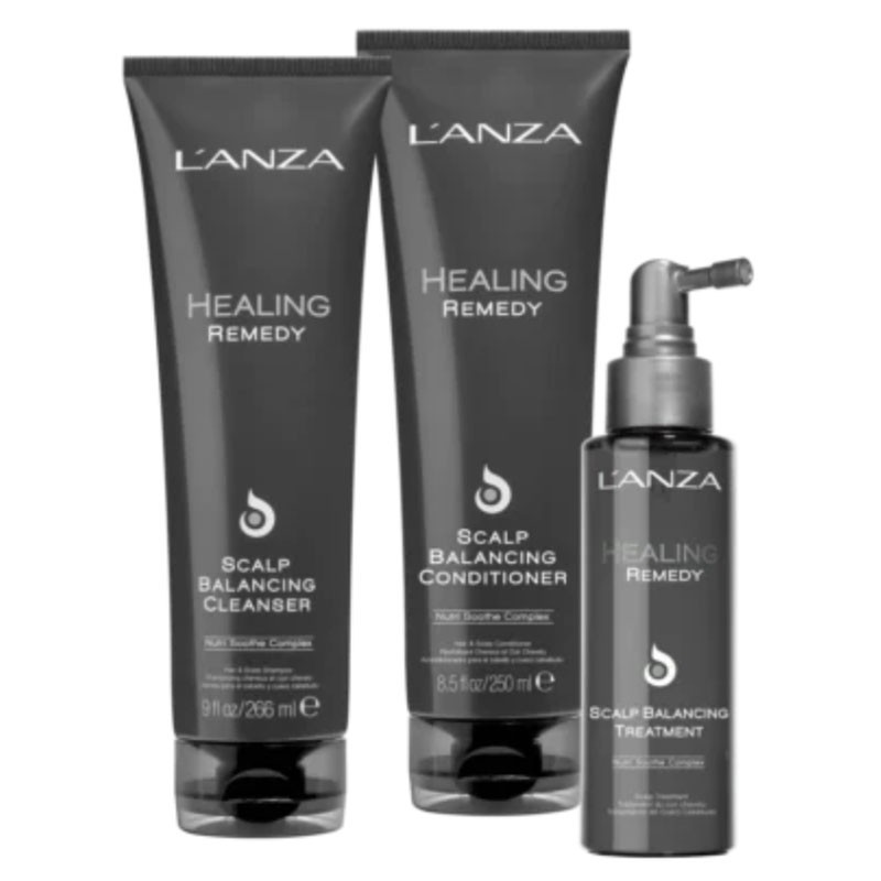 Three L'ANZA Healing Remedy products: a black tube of Scalp Balancing Cleanser, a black tube of Scalp Balancing Conditioner, and a black bottle of Scalp Balancing Treatment with a pump.