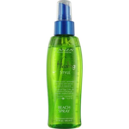 Clear green plastic spray bottle with a blue pump top, labeled "L'anza Healing Style Beach Spray" in white text, containing 100 ml of product.