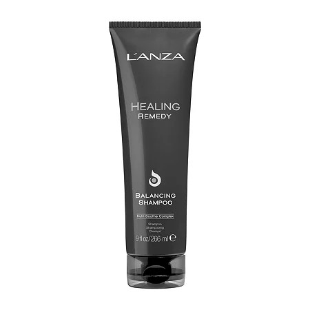 Black tube of L'ANZA Healing Remedy Scalp Balancing Cleanser, featuring a sleek design, white text, and a droplet logo, with 9 fl oz (266 ml) capacity.