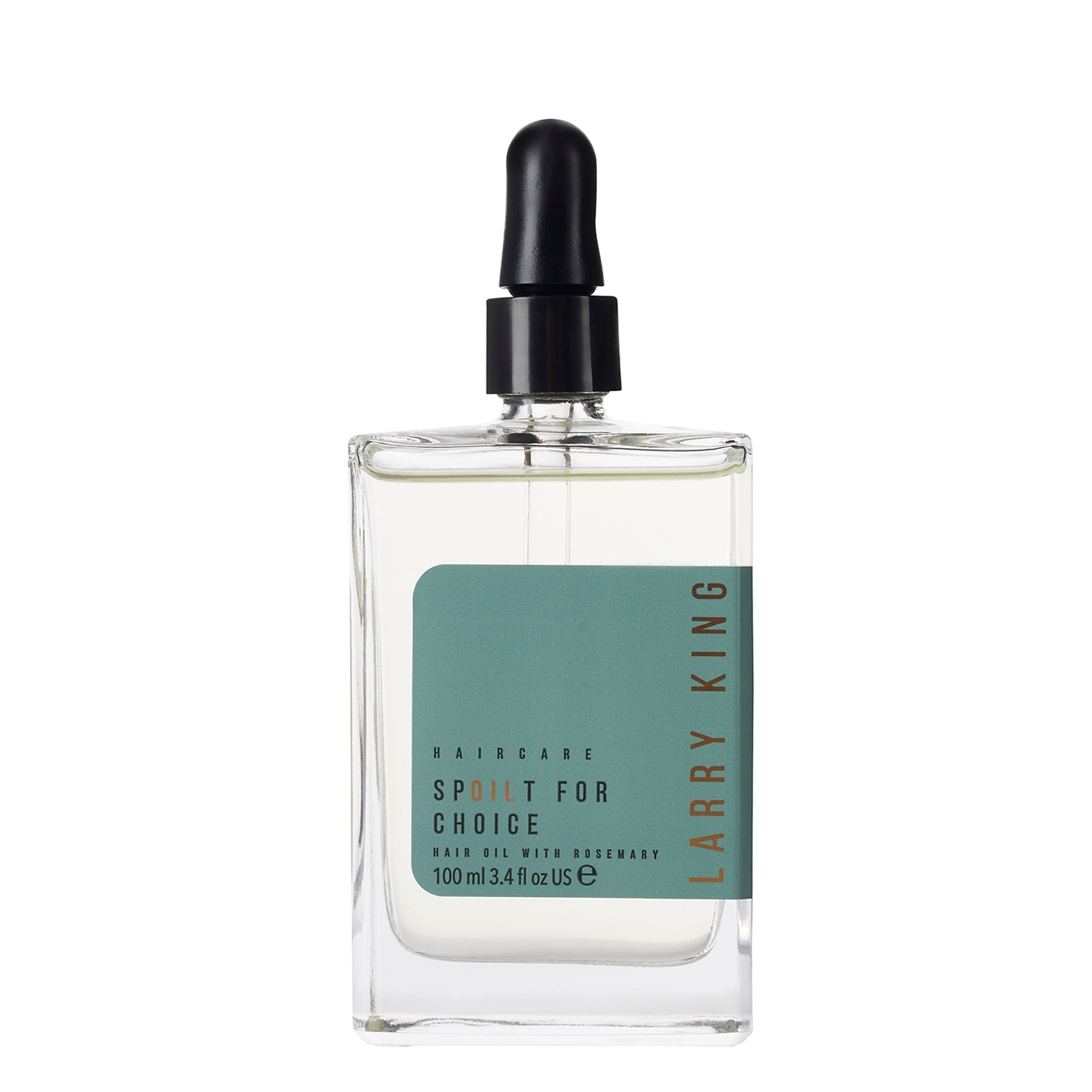 Clear glass bottle with a black dropper, featuring a turquoise label that reads "Larry King Spoilt for Choice Hair Oil" and "Hair Oil with Rosemary," 100 ml size.