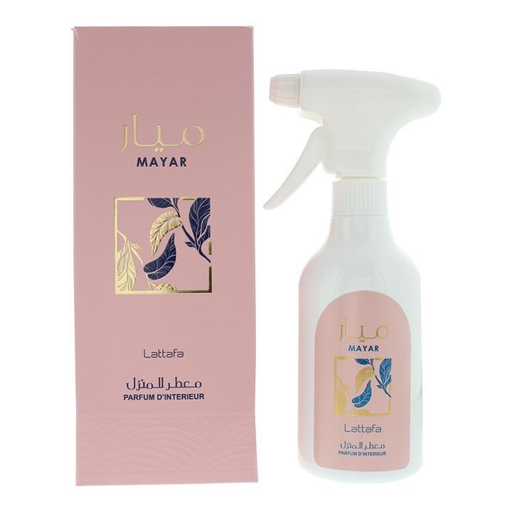 Lattafa Mayar Room Spray in a white spray bottle with a pink label featuring gold accents and leaf designs, accompanied by a matching pink box.