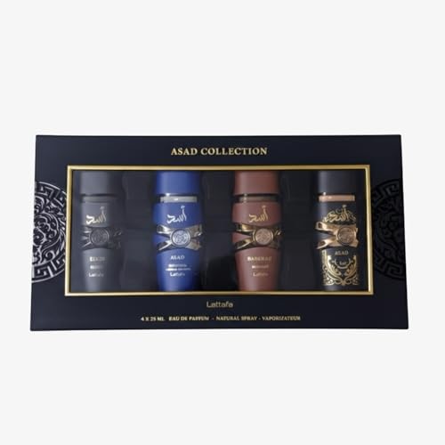 Four 25ml EDP bottles in a black and gold gift box, featuring blue, black, and brown bottles adorned with decorative labels and metallic accents.