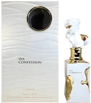 Elegant white box with textured waves and a black circular accent, alongside a sculptural bottle featuring a gold base and a white figure, containing 100 ml of perfume.