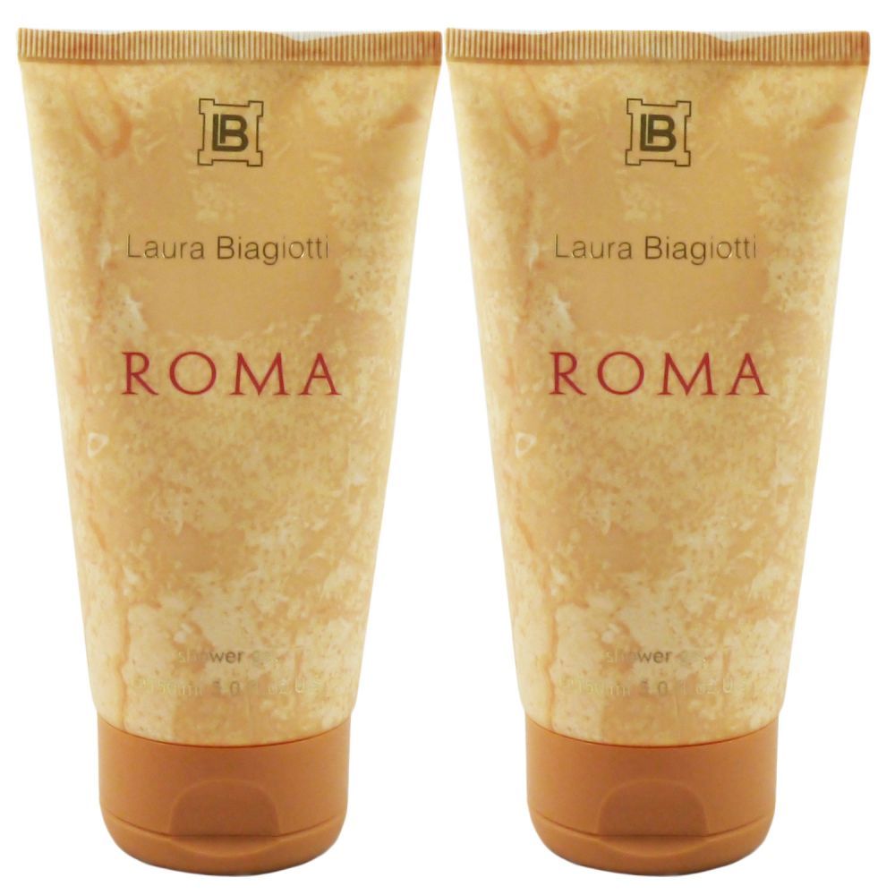 Golden beige shower gel tube featuring the brand name "Laura Biagiotti" and "ROMA" in bold red letters, with a textured background and a brown cap.