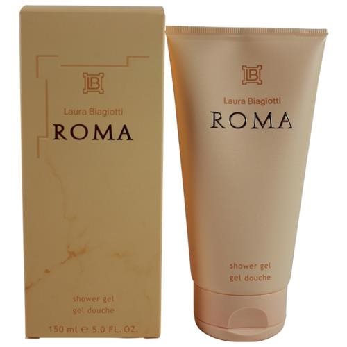 Peach-colored shower gel tube with a flip-top cap, featuring "Laura Biagiotti Roma" in elegant lettering, alongside a matching beige box with gold accents.