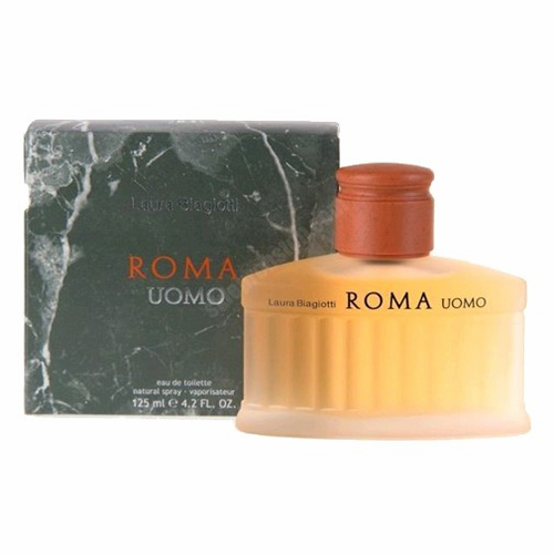 Clear glass bottle with a ribbed design, featuring a wooden cap, sits beside a dark green box with marble texture and white text reading "ROMA UOMO" by Laura Biagiotti.