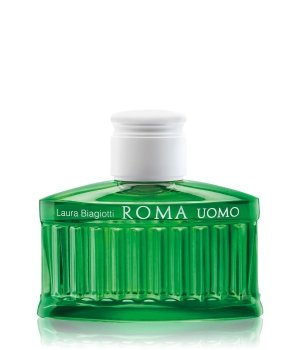 Green glass bottle of Laura Biagiotti Roma Uomo EDT, featuring a ribbed design and a white cap, with "ROMA uomo" embossed on the front.