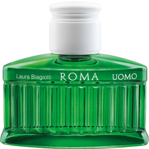 Green glass bottle with vertical ribbed design, white cap, and bold "ROMA UOMO" label in white lettering, containing 75 ml of Laura Biagiotti's Eau De Toilette.