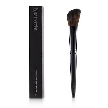 Angled cheek contour brush with soft, dense bristles and a sleek black handle, accompanied by a black box featuring the Laura Mercier logo.