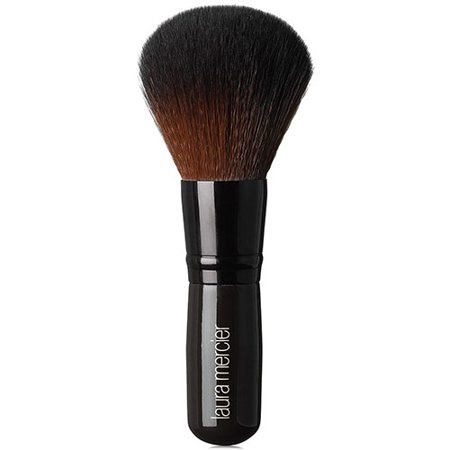 Black bronzer brush with a dense, rounded head featuring soft, gradient bristles that transition from dark to light, and a sleek, glossy handle with "Laura Mercier" branding.