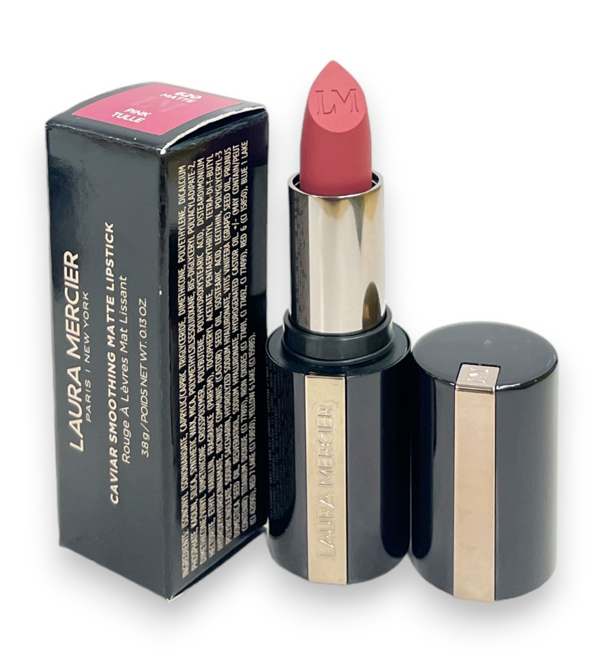 Laura Mercier Caviar Lipstick in a soft pink shade, housed in a sleek black tube with a metallic band, featuring the brand logo on the lipstick tip.
