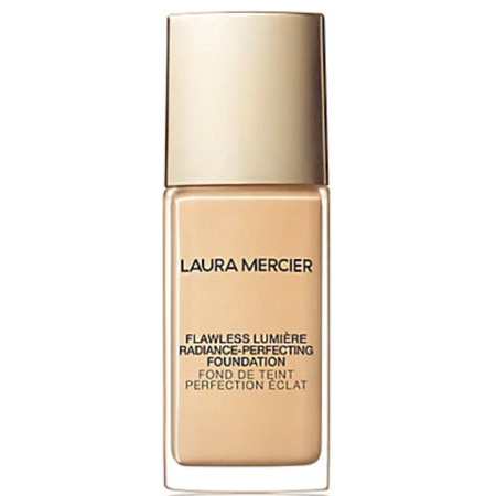 Laura Mercier Flawless Lumière Foundation in Macadamia, 30ml, featuring a sleek glass bottle with a gold cap and elegant black text on the front.