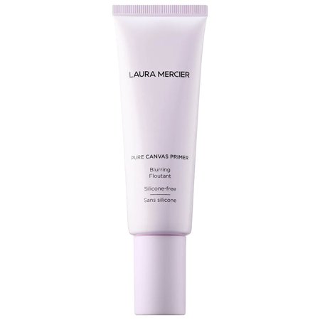 Lavender tube of Laura Mercier Pure Canvas Blurring Primer, 1.7 oz, featuring a sleek design with a white label and text indicating it's silicone-free.