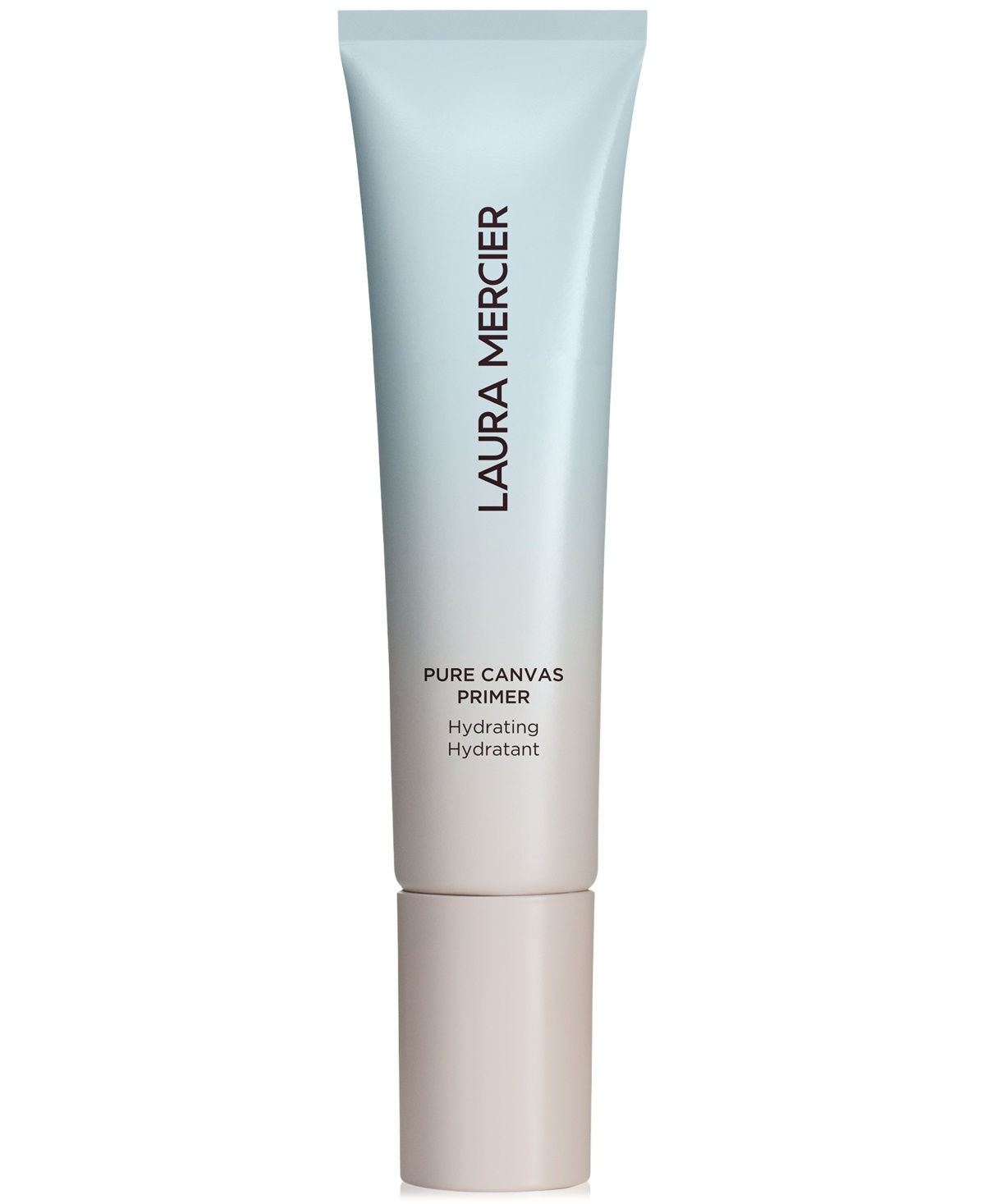Laura Mercier Pure Canvas Primer in a sleek, gradient blue and white tube with a beige cap, labeled "Hydrating" and featuring a 30ML size.