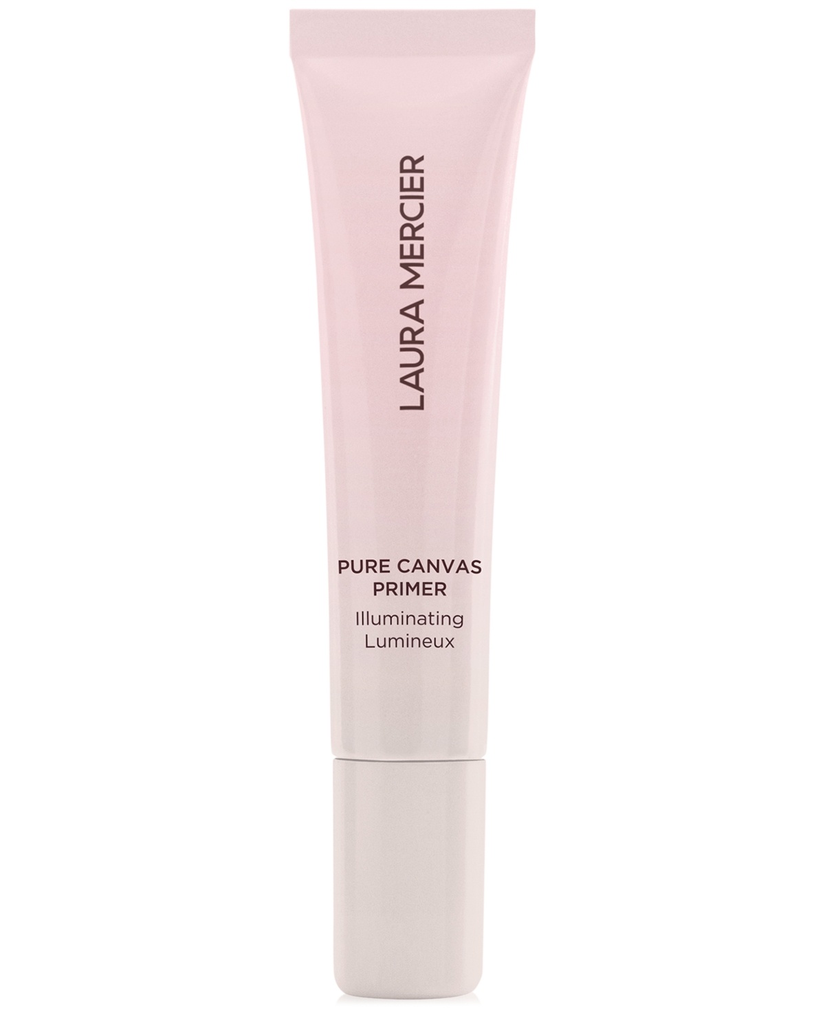 Laura Mercier Mini Pure Canvas Primer Illuminating in a sleek pink tube with a silver cap, featuring elegant branding and a 0.5 oz / 15 ml label.