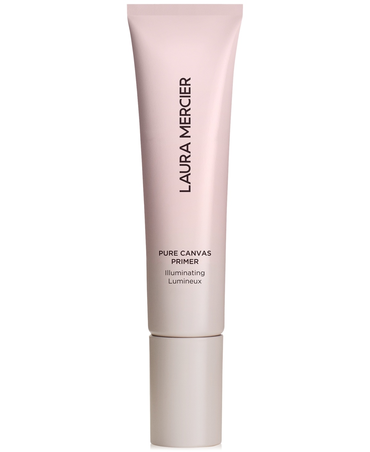 Light pink tube of Laura Mercier Pure Canvas Primer Illuminating, featuring a sleek design with a white cap and black text detailing the product name and type.