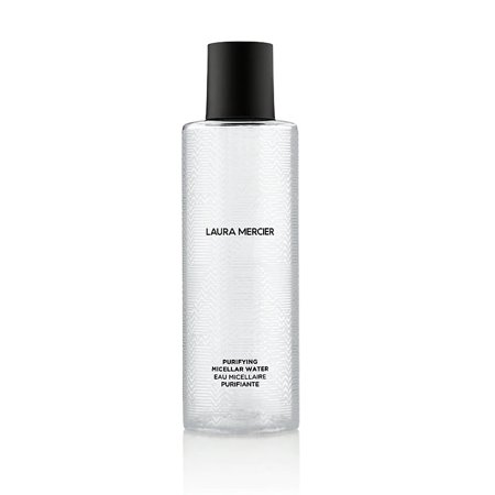 Clear plastic bottle of Laura Mercier Purifying Micellar Water, 200ml, featuring a sleek design with a black cap and minimalist white label displaying the brand name and product details.
