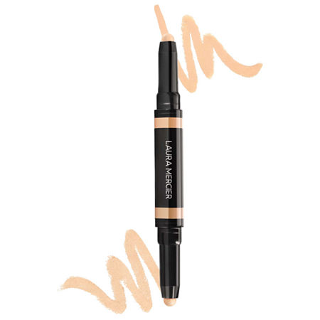 Laura Mercier Secret Camouflage Concealer Duo in Nude features a dual-ended stick with a creamy texture, one side for application and the other for blending, in a light beige shade.
