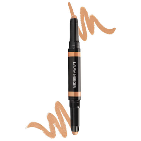 Laura Mercier Secret Camouflage Concealer Duo in Beige features a dual-ended stick with a creamy texture, one side for concealing and the other for highlighting, surrounded by swirls of beige.