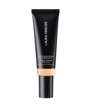 Black tube with gold accents featuring "Laura Mercier" branding, containing Tinted Moisturiser Blurred Matte SPF 30 in shade 1N Birch, 45ml size.