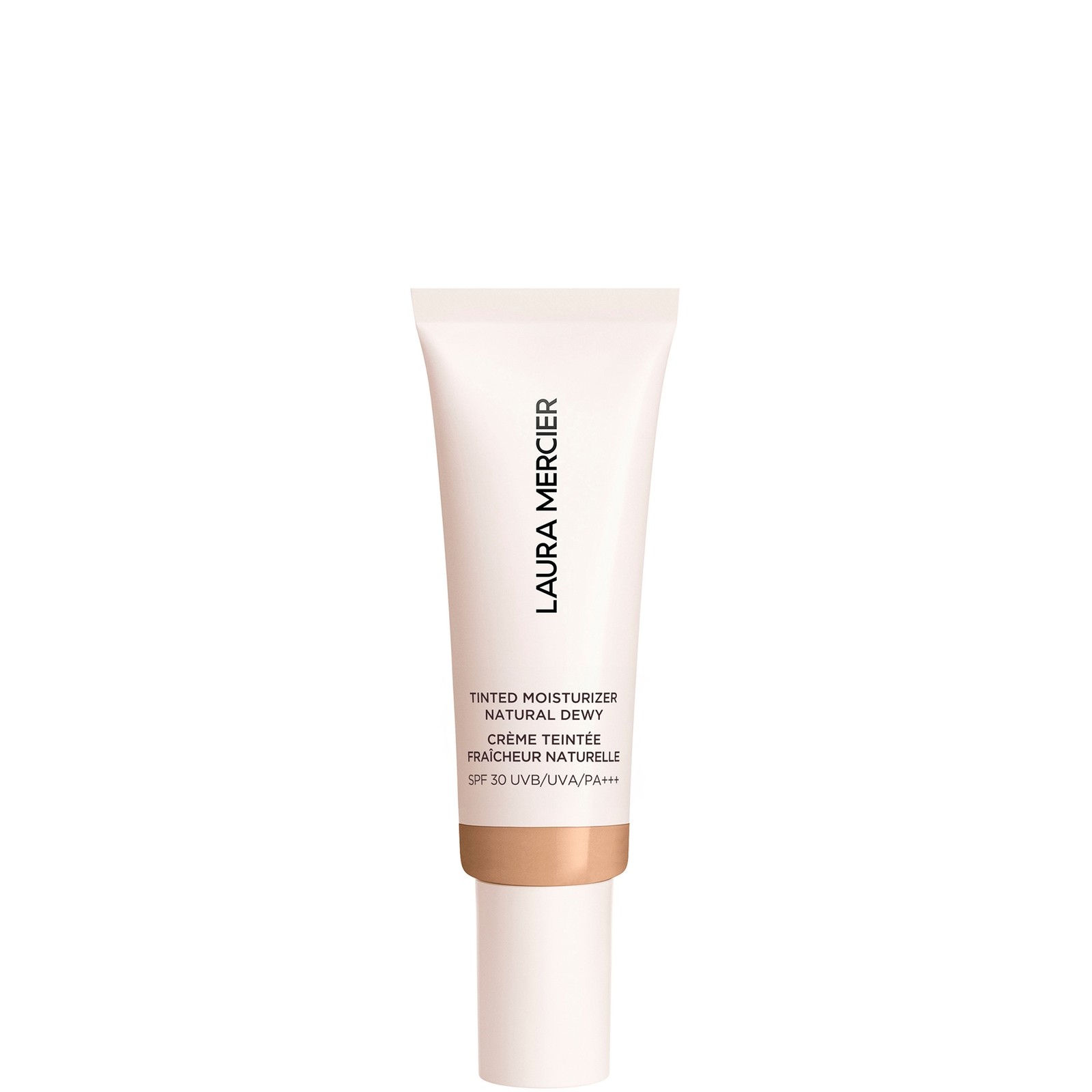 Laura Mercier Tinted Moisturiser Natural Dewy SPF 30 in a 45ml tube, featuring a sleek white design with gold accents, labeled "3N Sand" for shade identification.