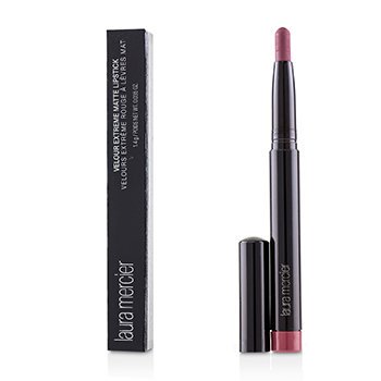 Laura Mercier Velour Extreme Matte Fresh Lipstick in a sleek black tube, featuring a rich mauve shade, alongside its elegant packaging box.