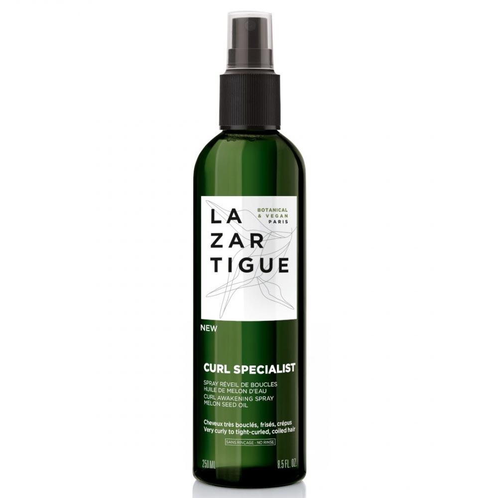 Green spray bottle with a black pump, labeled "Lazartigue Curl Specialist Hair Spray Treatment" in white text, featuring botanical illustrations and a 250 ml capacity.