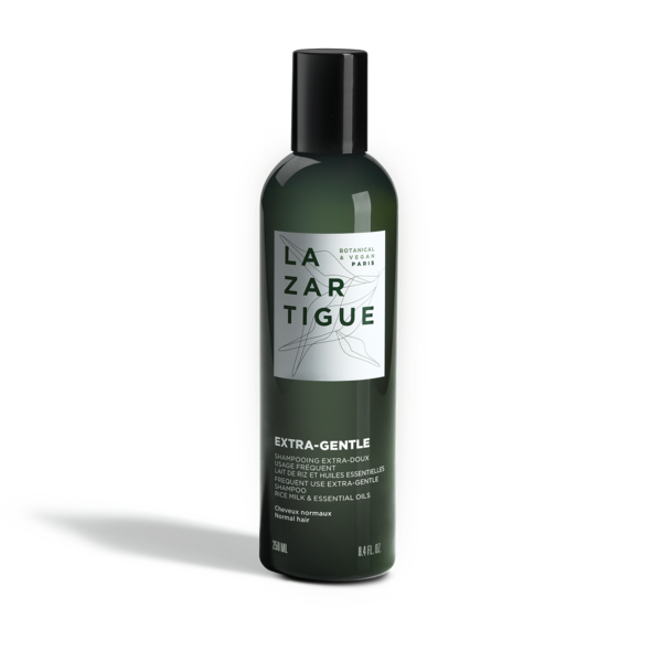 Dark green bottle of Lazartigue Extra-Gentle Shampoo for normal hair, featuring a white label with black text and botanical illustrations, 8.5 Fl Oz (250 mL).