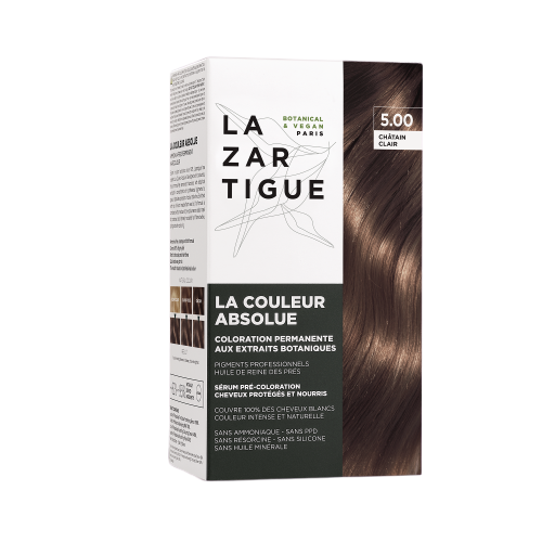 Lazartigue the Absolute Color Permanent Hair Dye in 5.00 Light Brown, 143 ml, features a sleek box with botanical illustrations and a glossy dark brown hair swatch on the front.