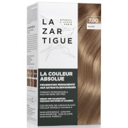 Permanent haircolor box featuring Lazartigue branding, labeled "7.00 Blond," with botanical extracts, showcasing a light brown shade and a glossy hair swatch on the front.